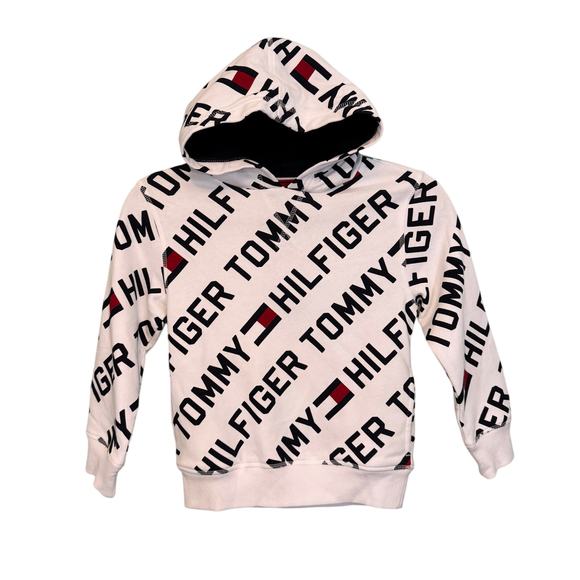 Tommy Hilfiger Other - Tommy Hilfiger Hoodie Sweatshirt Boys 5 White All Over Logo Fleece Pullover NWT